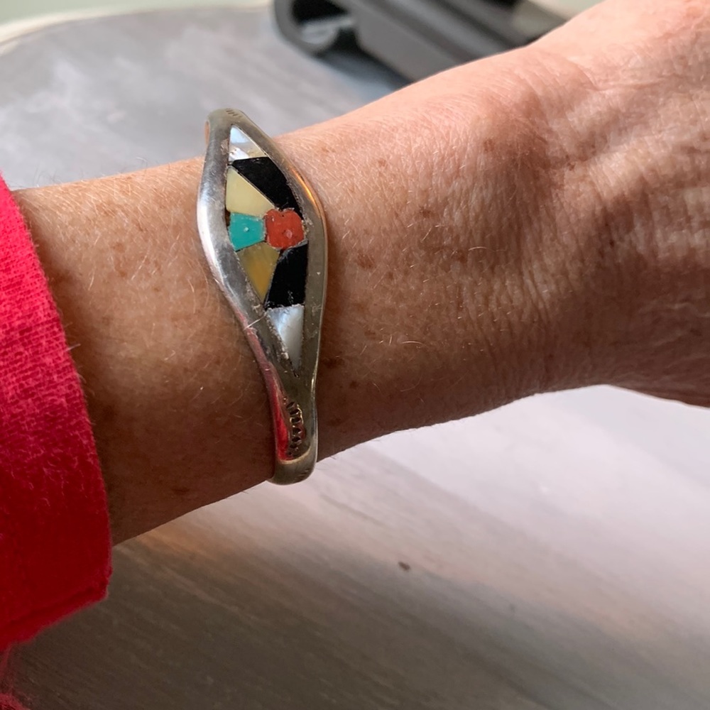 Vintage Native American turquoise, coral, pearl enameled silver bracelet.